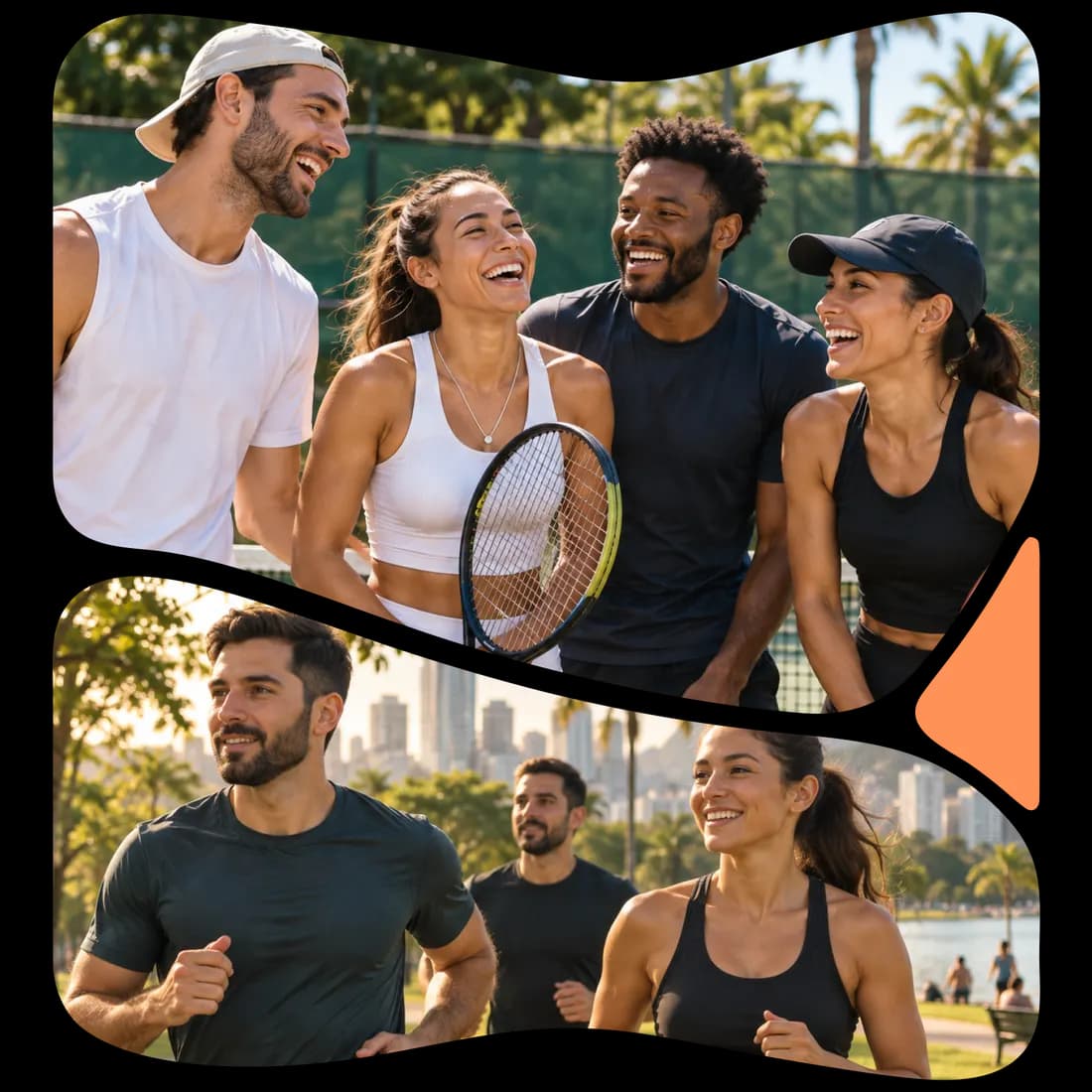 Amigos rindo numa quadra de tênis e um grupo correndo num parque à beira-mar.